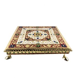 Minakari Chowki Flower Design Chaurang , Choki, Bajot, Pata(10x10 inch) Wooden All Purpose Chowki