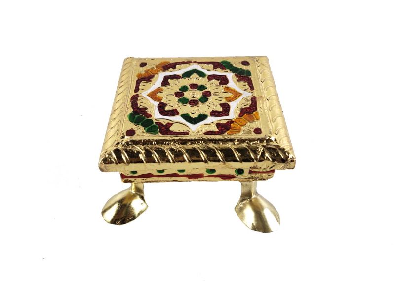Minakari Chowki Flower Design Chaurang , Choki, Bajot, Pata(4x4 inch) Wooden All Purpose Chowki