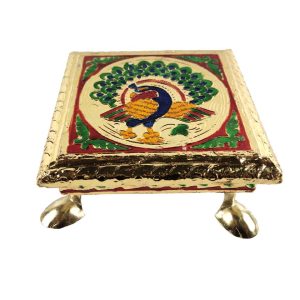 Minakari Chowki Peacock Design Chaurang , Choki, Bajot, Pata(6x6 inch) Wooden All Purpose Chowki