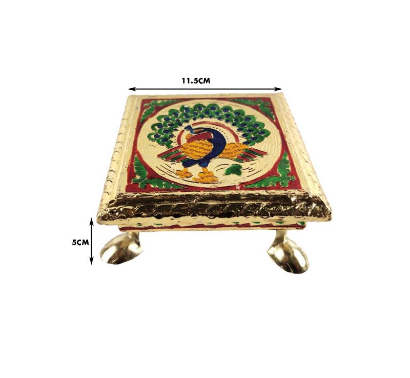 Minakari Chowki Peacock Design Chaurang , Choki, Bajot, Pata(6x6 inch) Wooden All Purpose Chowki