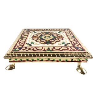 Minakari Chowki Flower Design Chaurang , Choki, Bajot, Pata(8x8inch) Wooden All Purpose Chowki