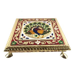 Minakari Chowki Peacock Design Chaurang , Choki, Bajot, Pata(8x8 inch) Wooden All Purpose Chowki