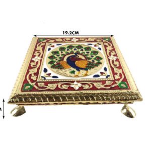 Minakari Chowki Peacock Design Chaurang , Choki, Bajot, Pata(8x8 inch) Wooden All Purpose Chowki