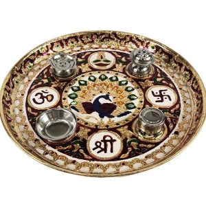 Steel Aarti Thali/Thal Peacock Designed Stainless Steel Premium Quality Mina Pooja Thali for Aarti Pooja , Home and Temple (11inch)