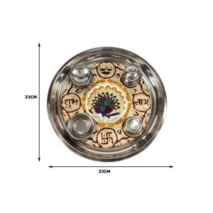 Steel Aarti Thali/Thal Peacock Designed Stainless Steel Mina Pooja Thali for Aarti Pooja , Home and Temple (9 inch)