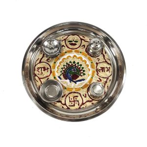 Steel Aarti Thali/Thal Peacock Designed Stainless Steel Mina Pooja Thali for Aarti Pooja , Home and Temple (9 inch)